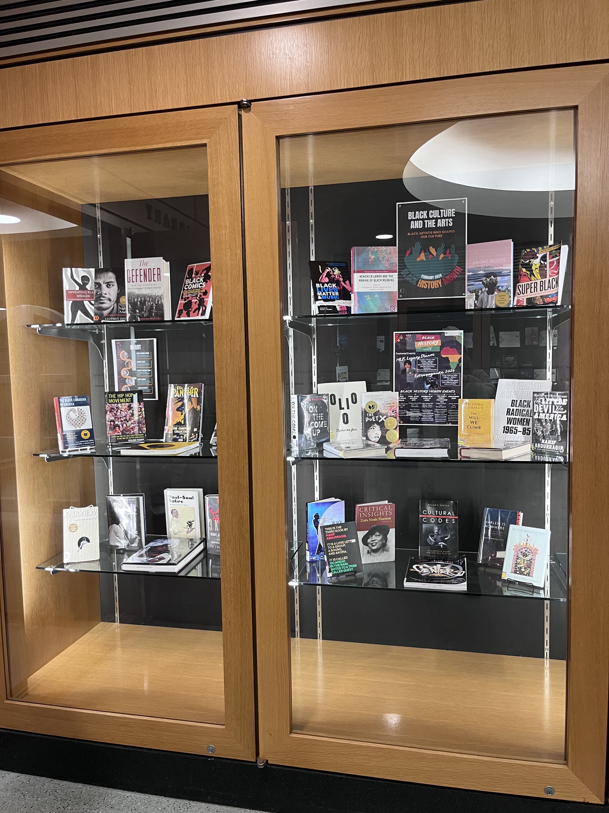 Photograph of Black culture and arts books in the exhibit case
