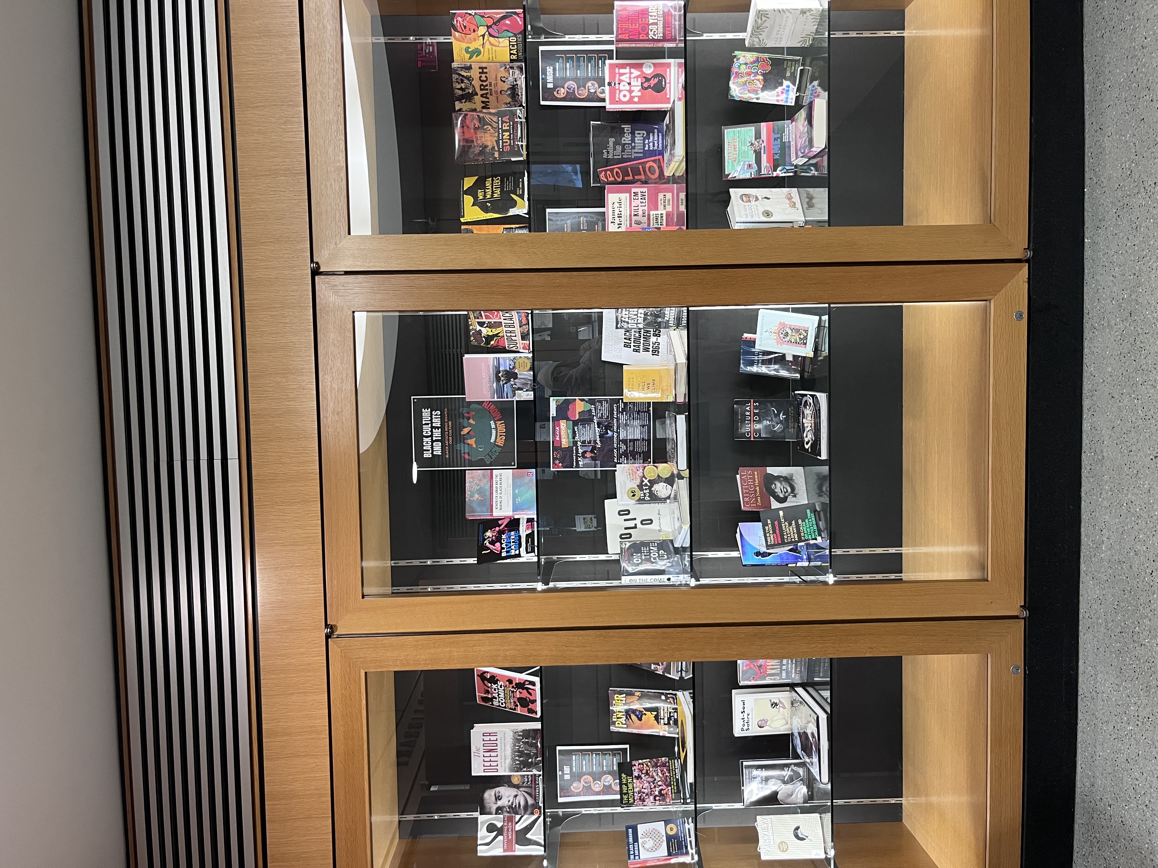 Photograph of Black culture and arts books in the exhibit case