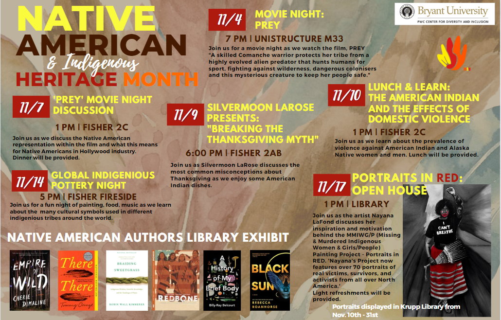 Image with dates for events celebrating Native American Heritage Month at Bryant University.
