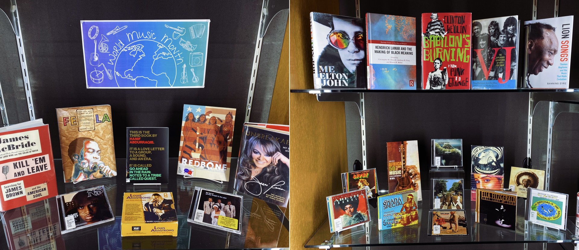 Display case with music books and CDs from the Krupp Library collection.